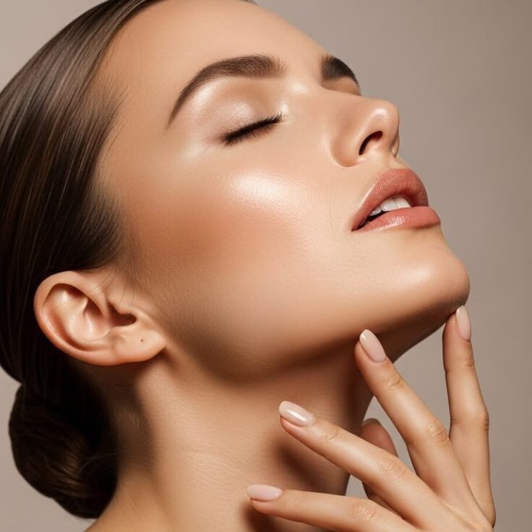 a pixelated image of a woman with her eyes closed and her hand on her face, with a gray background